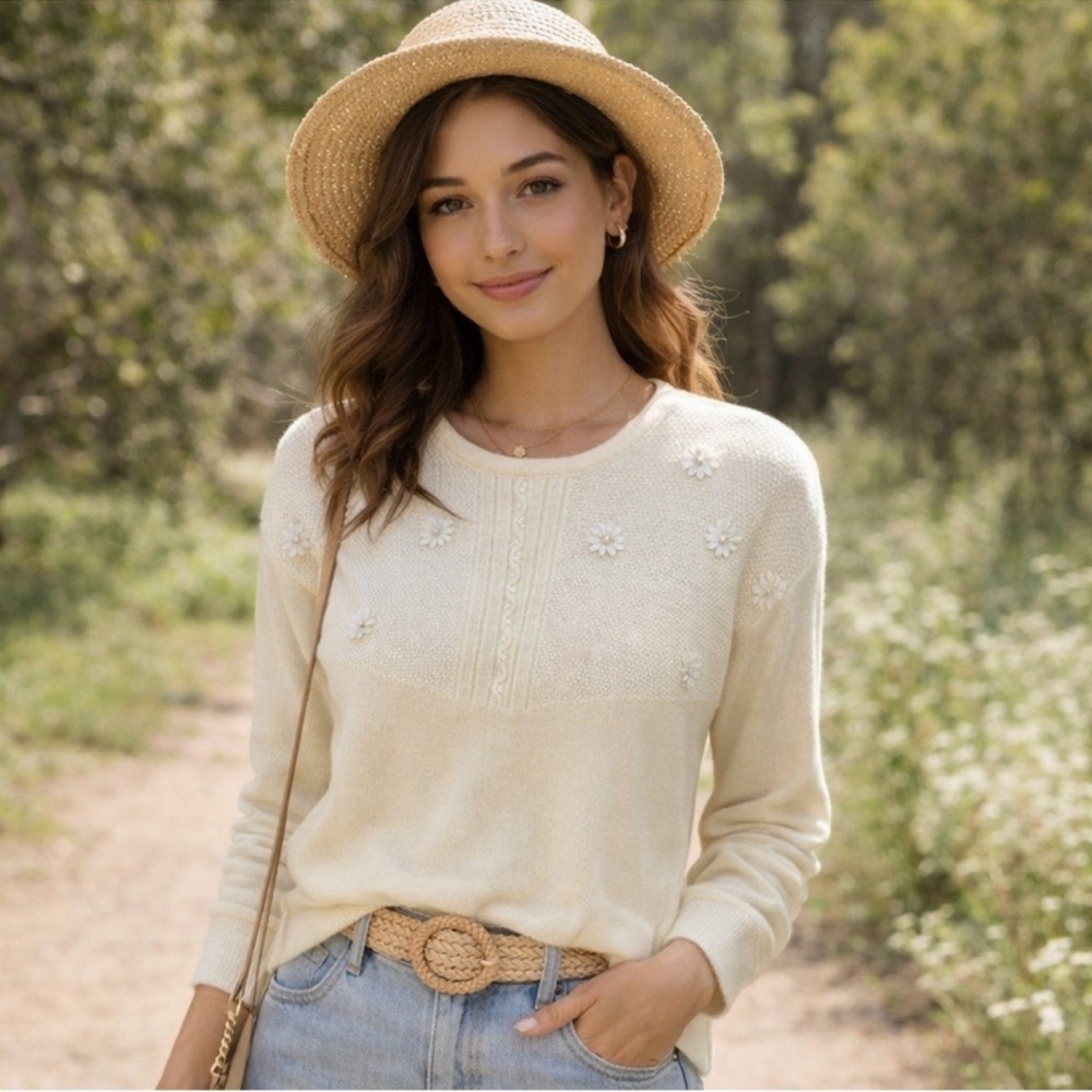 Cream Knit Sweater with Floral Details & with summer hat 👒